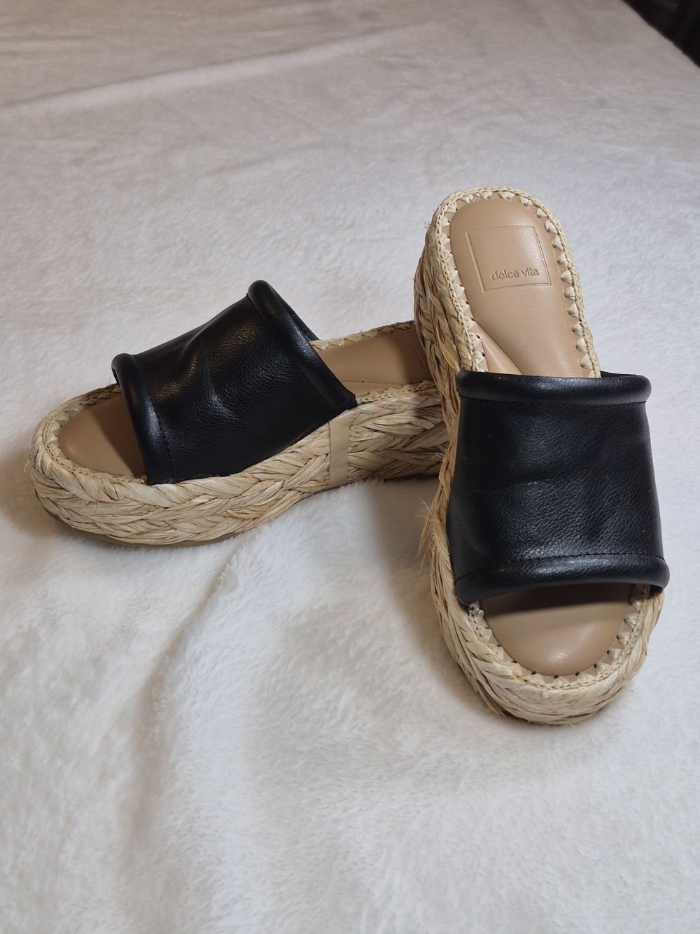 Dolce Vita Black Leather Slide Sandals with Natural Woven Platform